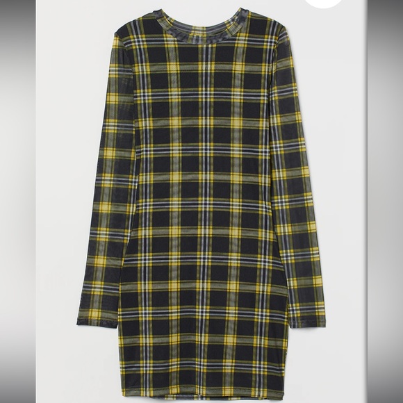 Divided Dresses & Skirts - H&M Yellow Plaid Mesh Long Sleeve Dress